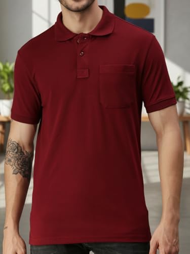 Image of Lux Cozi Men's Polo T-Shirt Regular Fit Half Sleeves with Pocket | Cotton Blend Polo Neck Collar T-Shirt for Men | Casual, Office Comfortable Breathable T-Shirt | Stylish Plain Tee