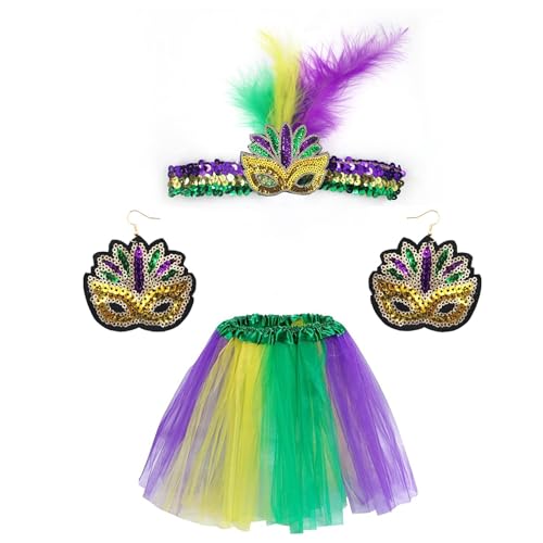 Elegante traje de carnaval con plumas de lentejuelas y diadema tricolor para fiestas y eventos de moda (morado, talla única)