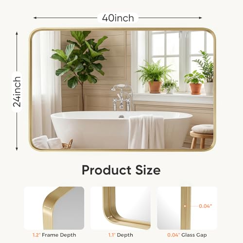 Image of NEWBULIG 24 inchx40 inch Gold Wall Mirror, Bathroom Mirrors for Over Sink, Matte Metal Framed Vanity Mirror with Tempered Glass, Entryway, Living Room, Bedroom