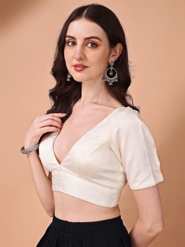 Image of Womanista Women's Dupion Silk Half Sleeve Solid V Neck Readymade Saree Blouse Stylish