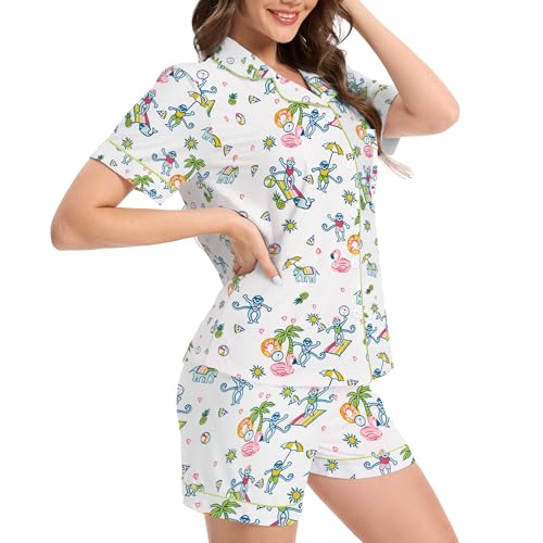 Image of Ammiko Womens Pajamas Set Y2k Loungewear Pajama Button Down Top and Shorts Monkey Beach Short Sleeve Sleepwear Preppy