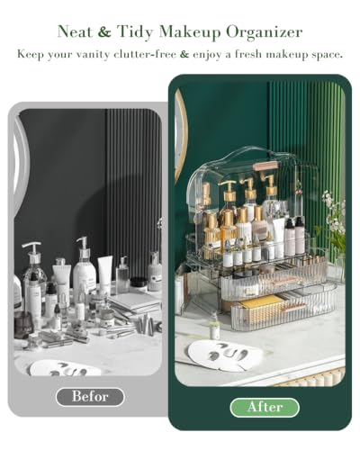 Image of LINFIDITE Cosmetics Storage Box Transparent Lid Large Makeup Organizer Box Drawers Portable Handle Waterproof Dustproof Skincare Display Cases for Countertop, Bathroom, Dresser, PET,Clear Green