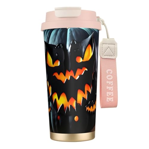 GaxfjRu Taza de café de acero inoxidable aislada al vacío con tapa, diseño de calabaza de murciélago de Halloween, 20 onzas, vaso para bebidas frías y calientes