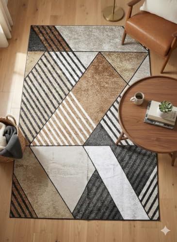 Image of CASA-NEST Abstract Velvet Area Rug (4x6 ft), Non-Skid Backing, Contemporary Multi-Pattern Floor Carpet for Living Room - Tan Striped Patchwork