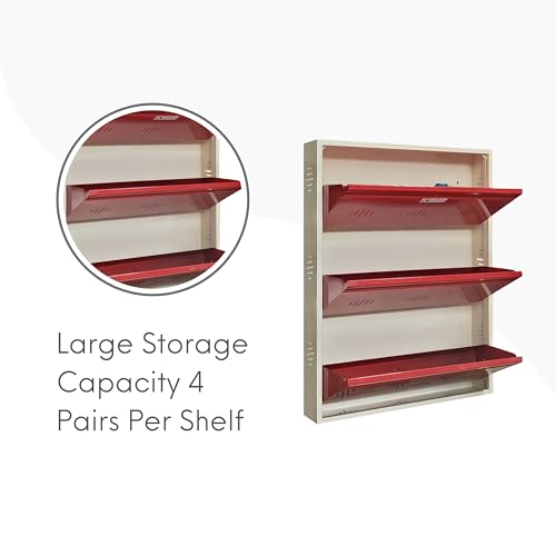 Image of StayHappy Wide Wall-Mounted and Freestanding Metal Shoe Rack Cabinet | Key Lock | Compact Design | Thick Metal Layer for Durability | Powder-Coated Steel | Crafted in Bharat. (Red, 3 Door)