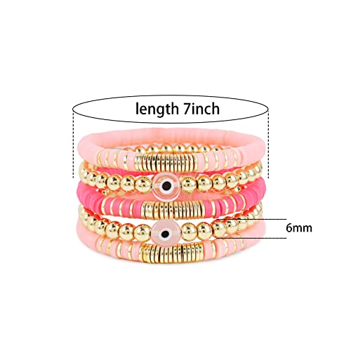 Pink Beaded Stretch Bracelets Set For Women Smile Blue Evil Eye Polymer Summer Beach Jewelry Gifts For Bestfriends, Couple, Family Members, Siblings, Sister, Lover #TOP1
