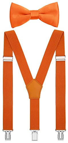 WDSKY Big Boys Bow Tie and Suspenders Set Y Shape Adjustable Elastic 40 Inches Fluorescent Orange