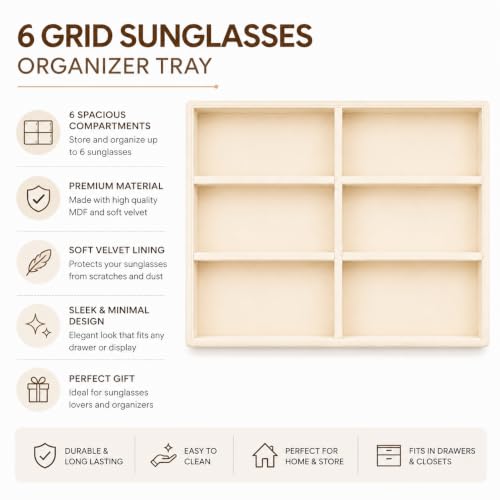 Image of 6 Slot Sunglasses Organizer Tray for Drawer, Cream | Keeps eyeglasses, goggles, readers and shades arranged neatly in wardrobe, closet, drawer, dresser or dressing table daily