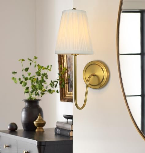 Image of Electro bp;Elegant Single Wall Sconces White Pleated Brocade Fabric Lamp Shades with Polished Gold Curved Metal Arm Covered Wall Light,E12,40W,Hardwired(Set of 2);