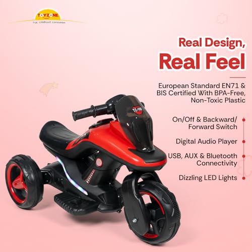 Image of Toyzone Ralph Electric Bike (Red) | 6V Rechargeable Bike with 4.5 AH Battery | Music Player with Bluetooth, USB & AUX | 6 Months Battery Warranty | Made in India | for Kids 2-8 Years, Upto 35 Kgs
