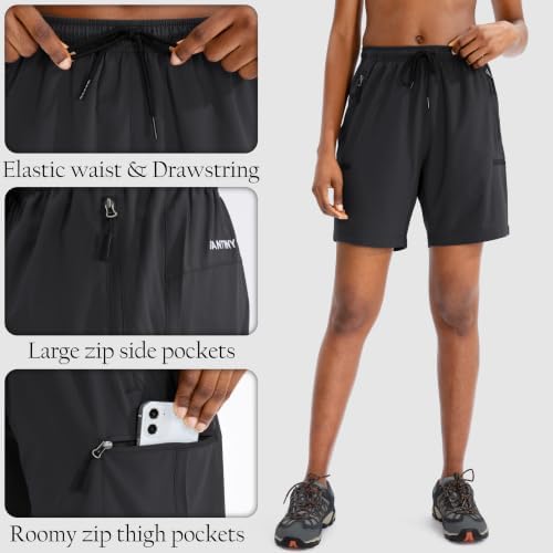 SANTINY Women's 5''/ 7''/9'' Hiking Cargo Shorts Quick Dry Lightweight Summer Shorts for Women Athletic Golf Zipper Pockets(Black_L) - 4