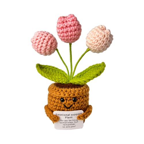 Qobacxso Emotional Support Crochet Flower in Pot Uplifting Handmade Knitted Plush Plant with Positive Affirmation Card Cheerful Gift for Office Desk Decor Home Car(Pink Tulip)