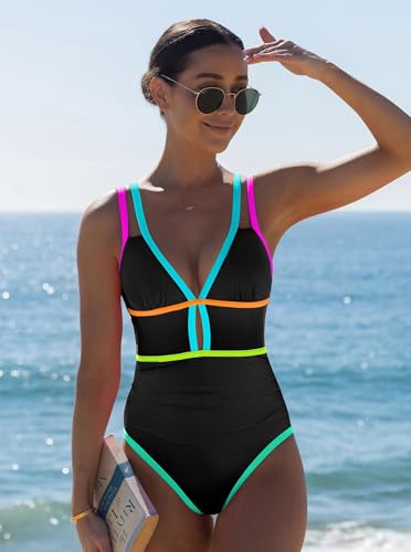 Image of popvil Women One Piece Swimsuit 2026 Tummy Control Sexy Cutout Neon Color Block Bathing Suit Slimming Adjustable Swimwear