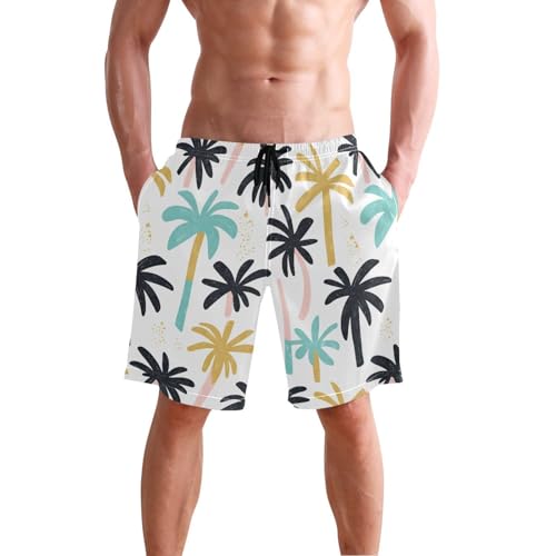 Cartoon Palm Tree Men's Swim Trunks, Beach Shorts with Inner Lining Quick Dry Board Shorts S