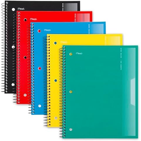 Mead Spiral Notebooks, 5 Pack, 1-Subject, Wide Ruled Paper, Plastic Cover, 8" x 10-1/2", 100 Sheets, Black, Yellow, Red, Blue and Green (930093) Cover
