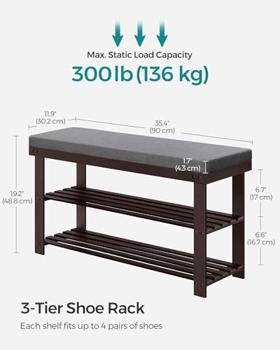Image of SONGMICS Bamboo Shoe Bench, 3-Tier Shoe Rack Organizer for Entryway, Living Room, Bench Seat Holds Up to 300 lb, 11.9 x 35.4 x 19.2 Inches, Rustic Walnut and Slate Gray ULBS904B32