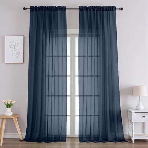 Image of Chyhomenyc Navy Blue Sheer Curtains 96 Inches Long 2 Panels, Light Filtering Navy Blue Curtains for Living Room, Soft Gentle Voile Rod Pocket Bedroom Window Drapes, 59Wx96L Inch, 2PCS