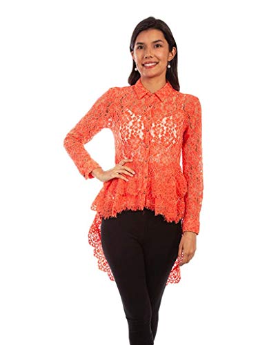 Scully Women's Hc479 Hi/Lo Lace Button Front Blouse, Coral - Medium #TOP30