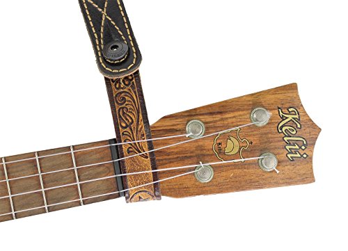 Walker & Williams At-2 Brown Carving Leather Acoustic Guitar Strap Button Headstock Adaptor For Acoustic, Electric, And Bass Guitars #TOP2