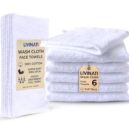 LIVINATI White 100% Cotton Wash Cloths for Showering Body and Face - 12X12 6 Pack Washcloths - Small Terry Towel Bath Rags for Adults and Kids Bathroom - Soft Absorbent