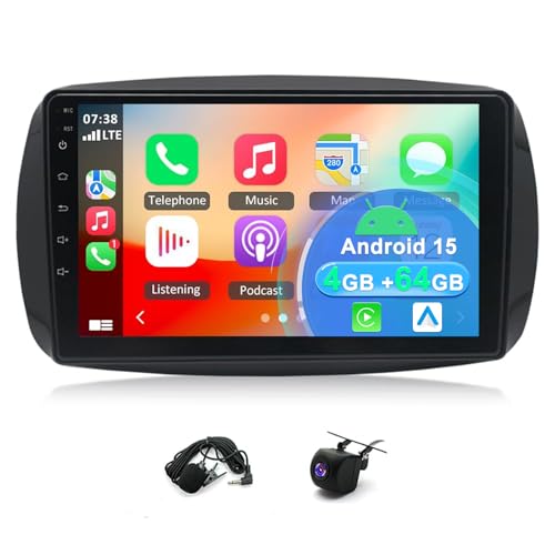 4+64G 2 Din Android 15 Auto Radio Coche con CarPlay Android Auto para Mercedes Benz Smart Fortwo 2015-2022 Forfour 453 2014-2018, pantalla táctil de 9 pulgadas Autoradio Estéreo Reproductor con GPS FM