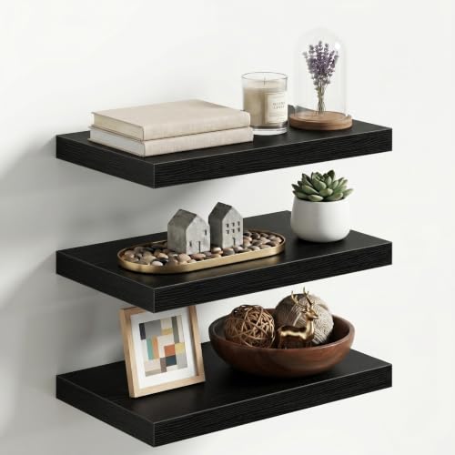 Image of Fun Memories 20 x 12 Inch Deep Floating Shelves, 12 Inch Deep Rustic Wooden Wall Shelves, Extra Deep & Heavy Duty Hanging Shelves for Living Room,Bedroom, Bathroom, Set of 3 (Black)