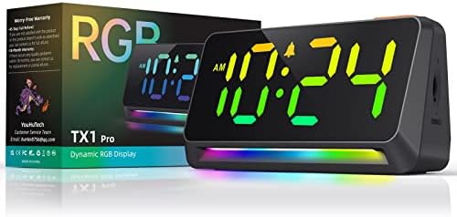 Dynamic RGB Clock - Extra Loud Digital Alarm Clock for Bedroom, Heavy Sleepers, Adults, Kids, Small Bedside Desk Clock with RGB Night Light, LED Display, USB Charger, Xmas Gifts - Cool Black