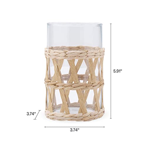 Image of Elements 3.74x3.74x5.91 Inch Seagrass and Clear Glass Hurricane, for Use with Wax or Flameless Candle