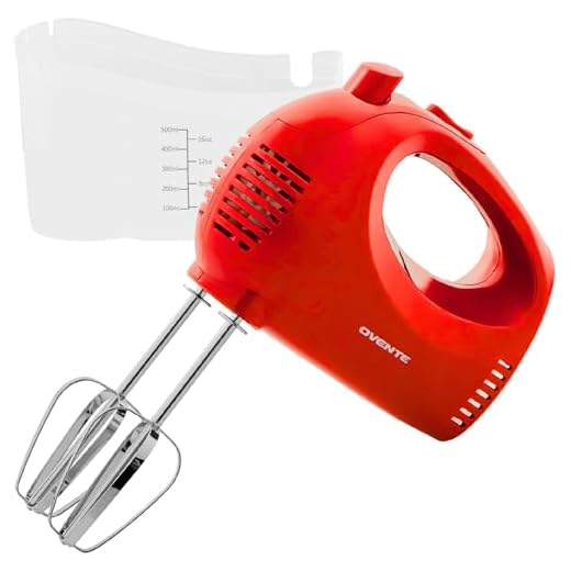 OVENTE Portable 5 Speed Mixing Electric Hand Mixer with Stainless Steel Whisk Beater Attachments & Snap Storage Case, Compact Lightweight 150 Watt Powerful Blender for Baking & Cooking, Red HM151R