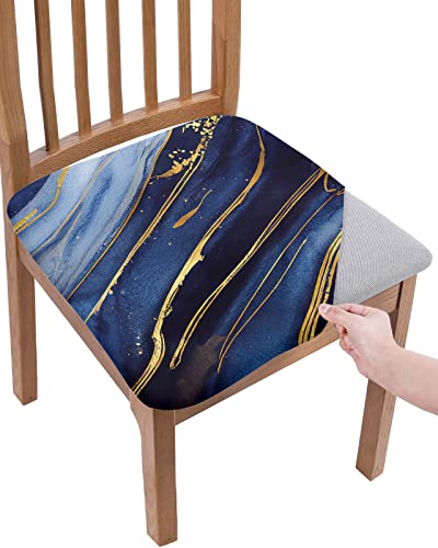 Risqiten Navy Blue Marble Seat Covers For Dining Chairs, Modern Yellow Abstract Stretch Kitchen Chair Slipcovers, Ink Painting Dining Room Chair Covers Removable Office Chair Cover Protector Set Of 4 #TOP7