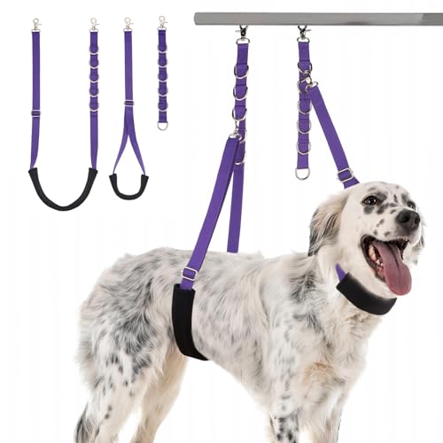 Dog Grooming Belly Strap - 3PCS Grooming Restraint Set Adjustable Belly Band Loops Strap with Padded Support & Loop Extension Straps Pet Grooming Harness Kit for Dogs (Voilet)