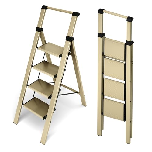HillhutApex 4 Step Foldable Aluminum Step Ladder with Handgrip, Anti-Slip Pedal, 330 lbs Capacity, Lightweight & Portable for Home, Kitchen, Office, Garage (Gold)