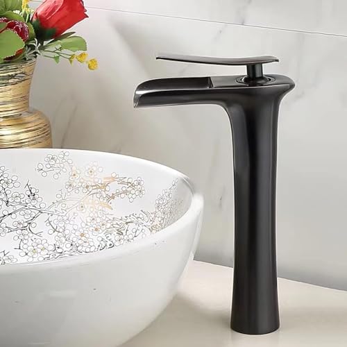Lavabo à manche en or noir et mitigeur cascade laiton contre les éclaboussures