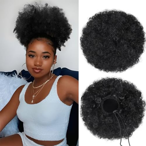 Doxken Afro Puff Drawstring Ponytail Extension Short Afro Wigs Curly Bun Hair Pieces For Women Clip On Kinky Curly Synthetic Hairpieces Natural Black 1B