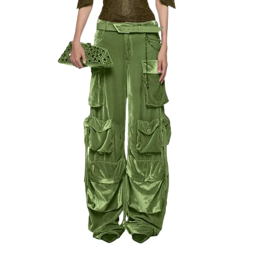 Ponitrack Multi-Pocket Jeans Washed Cargo Pants Y2k Retro High Street High Waist Jeans Casual Wide Leg Parachute Pants, Velvet Green, S