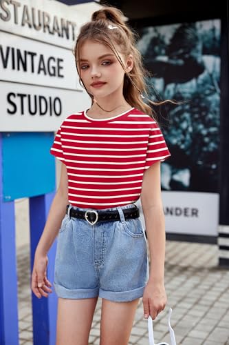Image of Arshiner Girls Shirt Crop Tops Short Sleeve Summer Drop Shoulder Batwing Sleeve Crewneck Loose T Shirt Tee