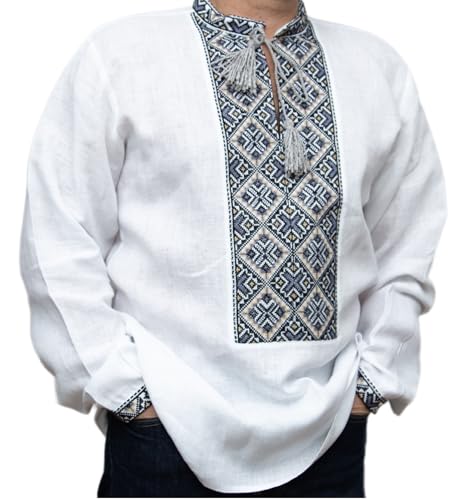 SET 2 VYSHYVANKA Men's Ukrainian Embroidered LINEN shirt Black yellow white gray wedding Handmade XL easter gift