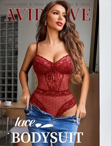 Image of Avidlove Women Sexy Lingerie Sheer Lace Bodysuit V Neck Teddy Lingerie One Piece Mini Babydoll