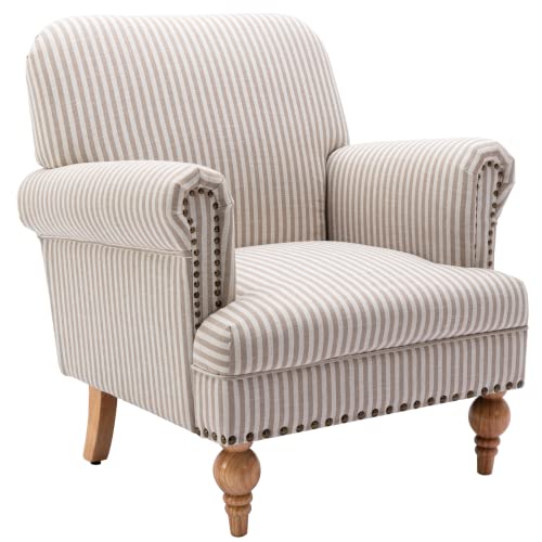 Linen-Accent-Chair-Mid-Century-Modern-Living-Room-Armchair-with-Nailhead-Trim-Wood-Legs-Comfy-Upholstered-Single-Sofa-Chair-for-LoungeBedroomReception-Khaki-Stripe Linen Accent Chair Mid Century Modern Living Room Armchair with Nailhead Trim Wood Legs Comfy Upholstered Single Sofa Chair for LoungeBedroomReception Khaki Stripe