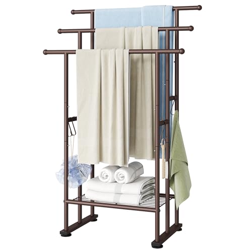 ELYKEN 3 Tier Freestanding Towel Rack with Shelf, 40″ H Towel Stand, Bronze | Metal Drying Rack for Oversized Bath Towels & Blankets, 4 Hooks, Indoor & Outdoor Use, Fits Bathroom, Tub, Shower, Poolside