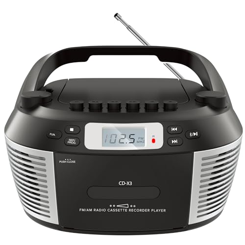 Reproductor de CD portátil con Bluetooth, radio AM/FM, casete de cinta, control remoto, reproducción USB, grabadora, conector para auriculares, alimentación por CA/batería