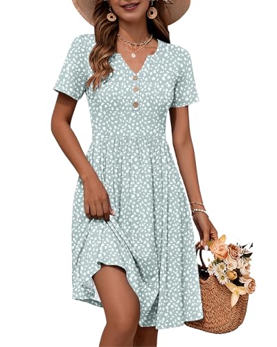 Image of WNEEDU Women V Neck Button Down Empire Waist Midi Summer Dress with Pockets