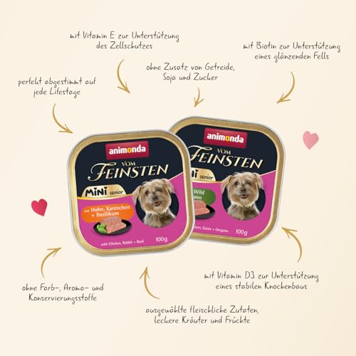 animonda Vom Feinsten Mini Senior Hundefutter nass mit Huhn + Kaninchen und Basilikum (32 x 100 g), getreidefreies Senior Nassfutter ohne Zucker und Soja für kleine Hunderassen