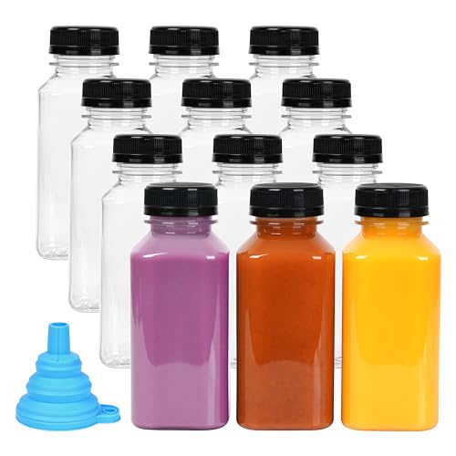 Winter Shore 270 ml Wiederverwendbare Plastikflaschen zum Befüllen [12 Stk] - Klare Leere Saftflaschen zum Befüllen mit Auslaufsicheren Deckeln & Trichter - für Mini-Kühlschrank, Wasser & Smoothies