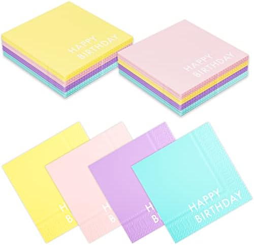DYLIVeS Colorful Happy Birthday Napkins, 4-Multicolor Makaron Color Yellow Pink Purple Blue Napkins Pastel Colored Disposable Rainbow Cocktail Paper Napkins for Kids Baby Shower Party (Pack of 48)