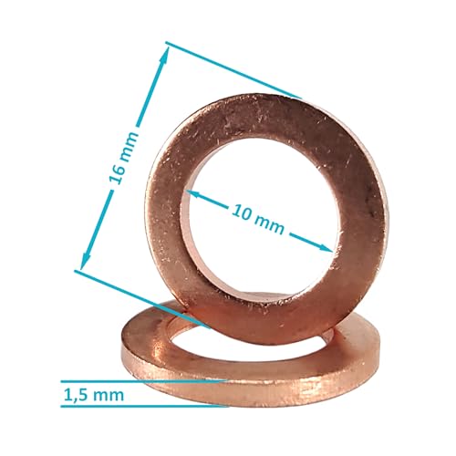 10 Kupferdichtringe M10 x 16 x 1,5 für Ölablassschrauben, kompatibel ua. mit einzelnen Baureihen des VW-Konzerns
