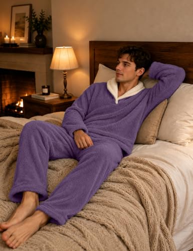 Image of Mens Fluffy Coral Fleece Pajamas Set Pullover Pants Loose Plush Warm Loungewear Sleepwear