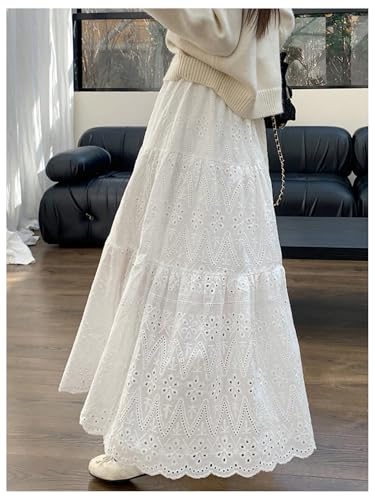 Verdusa Women's Eyelet Embroidery Ruffle Skirt Elastic High Waisted A Line Flowy Long Skirts3