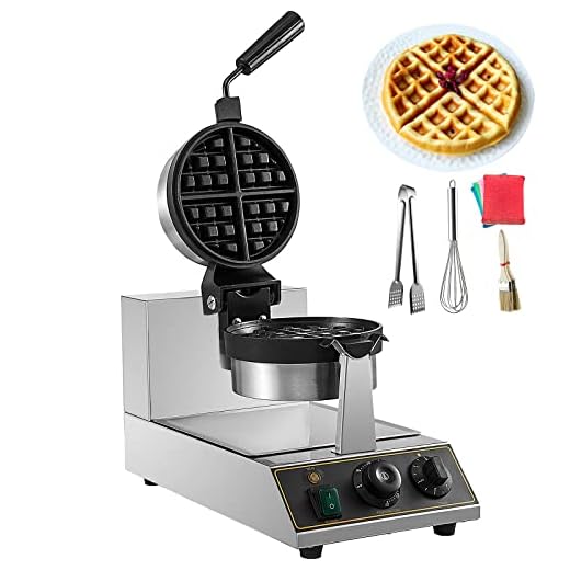 VBENLEM 110V Commercial Round Waffle Maker Nonstick Rotated 1100W Electric Waffle Machine Stainless Steel Temperature and Time Control Suitable for Bakeries Snack Bar Family