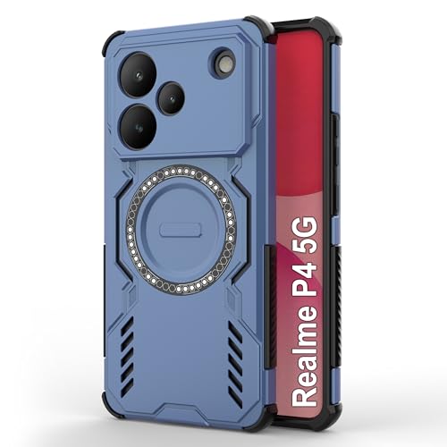 Image of amazon basics Back Case Cover for Realme P4 5G | Magnetic Case with Built-in Metal Ring | Supports MagSafe Charger, Wallet & Car Mount | Shockproof Hybrid PC + TPU | Blue